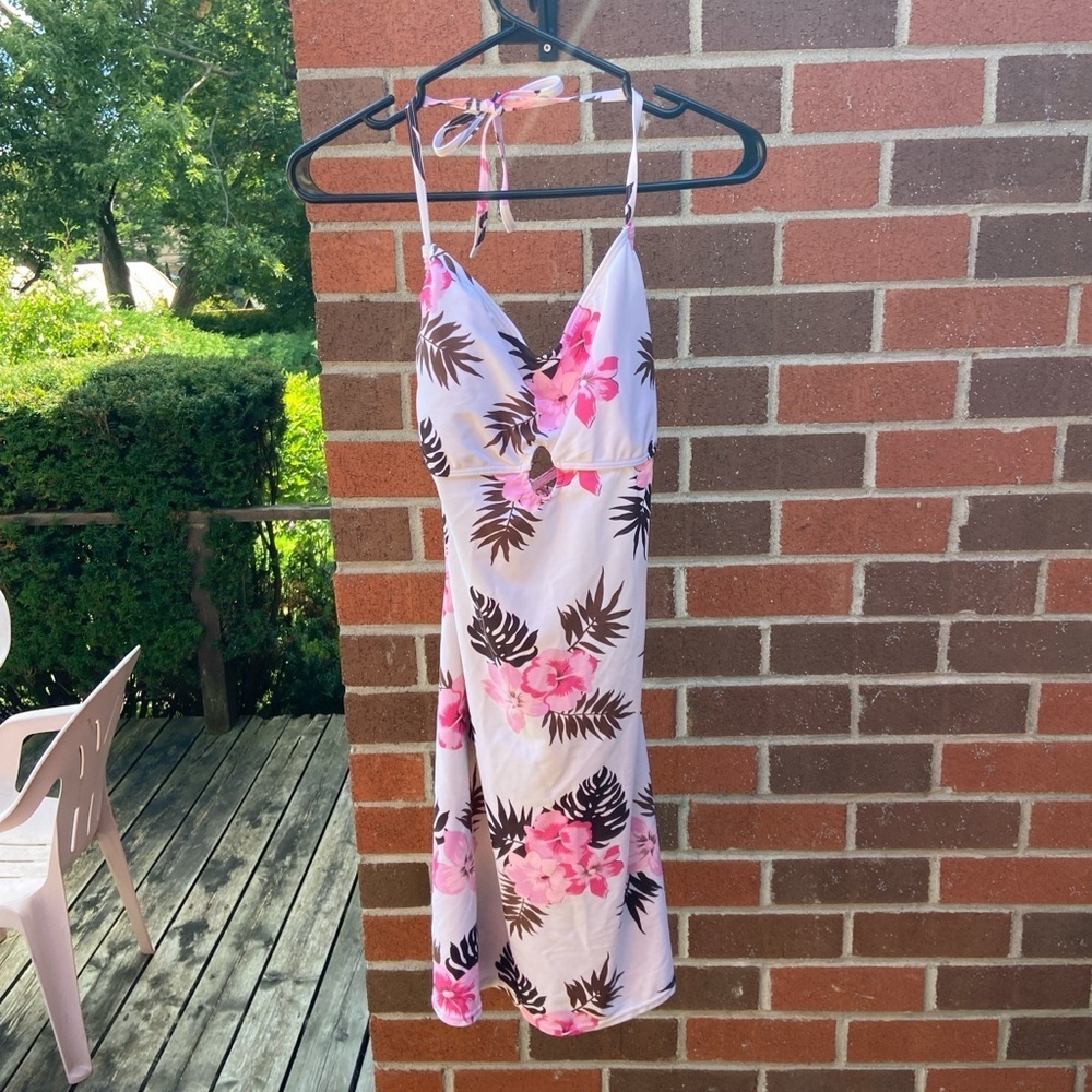 Floral Print Open Back Halter Swim Dress